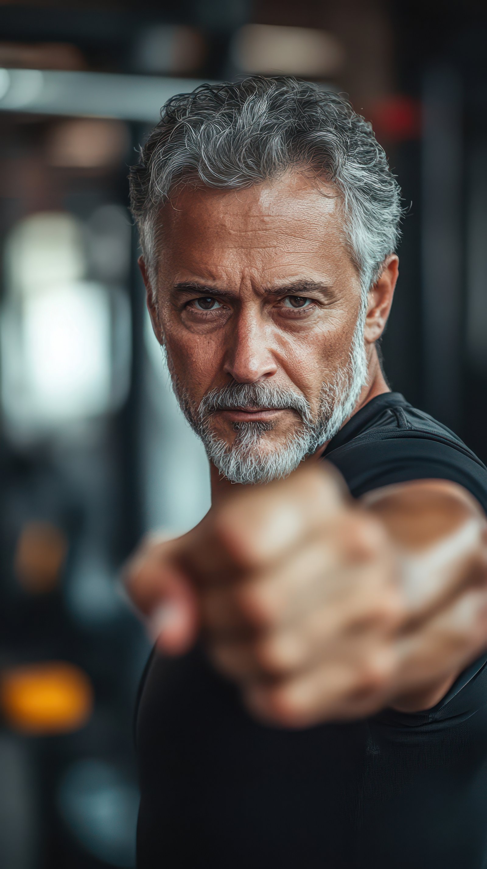 Intense man engaged in fitness training focuses on his goal in a modern gym setting during evening hours
